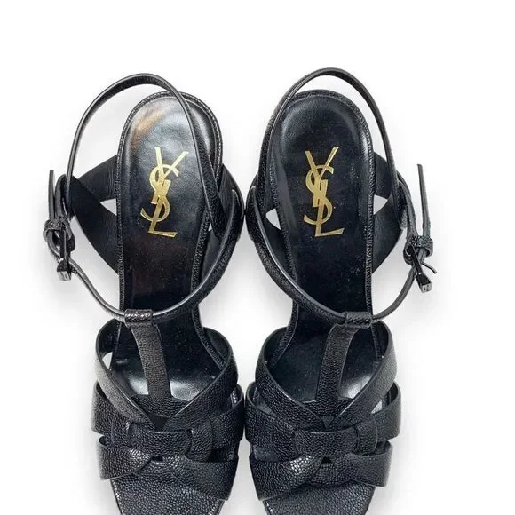Saint Laurent Tribute Black Grained Leather Platform High Heel Sandals Size 40.5 - Picture 14 of 15